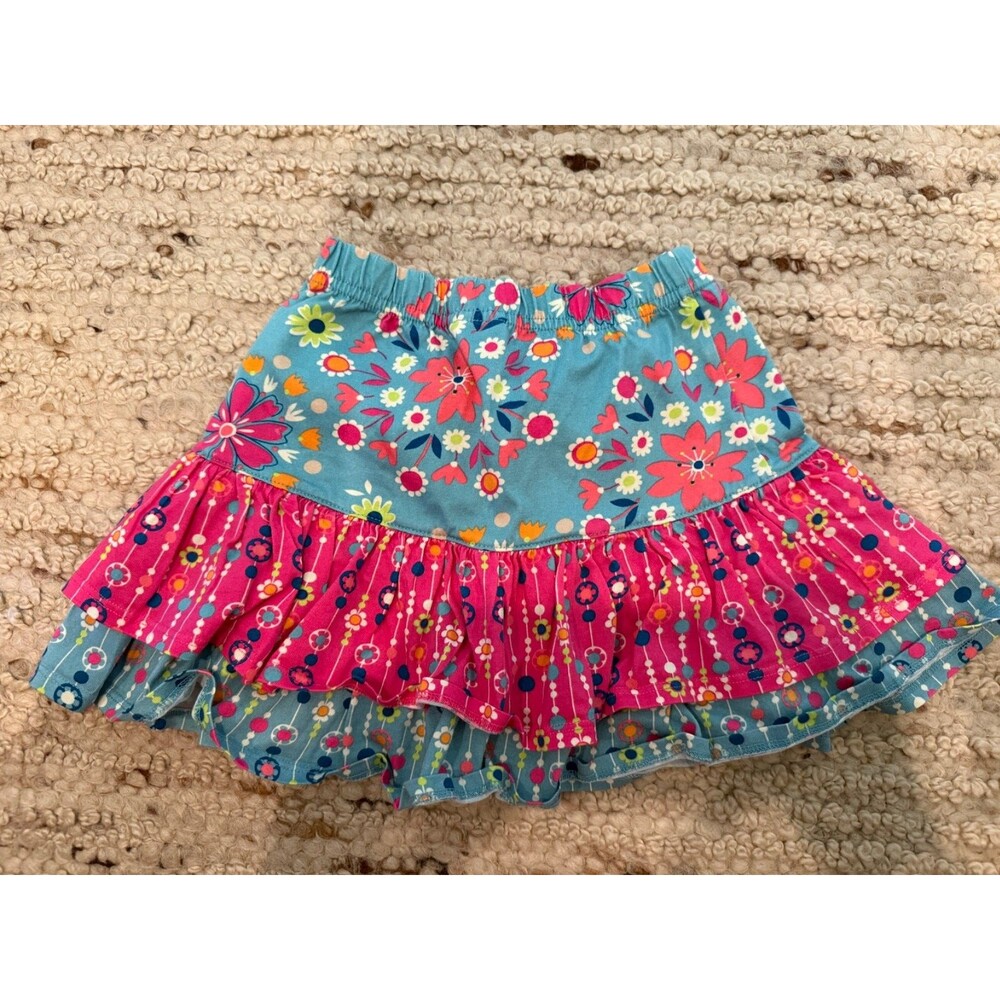 Hanna Andersson Girls Tiered Ruffle Skirt Size 100 Floral Pink Blue 100% Cotton